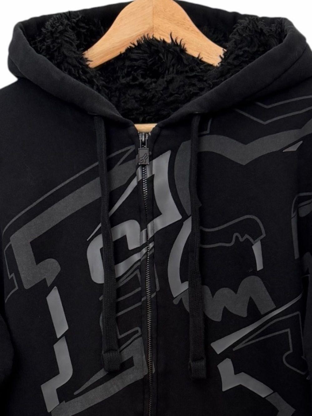 Fox Racing Sasquatch Men Sz L Black Faux Fur Lined Zip Hooded Jacket Grunge Y2K - Picture 5 of 12